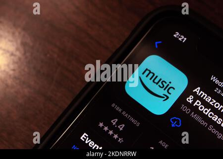 Vancouver, CANADA - Nov 4 2022 : Amazon Music, an online music streaming platform and store by Amazon inc., in App Store on an iPhone screen. Stock Photo
