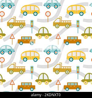 Seamless childish pattern with cars. Texture fabric, wrapping, textile, apparel Stock Vector