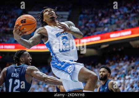 Chapel Hill, NC, USA. 7th Nov, 2022. North Carolina Tar Heels guard Caleb Love (2) attempts a layup during the first half the NCAA basketball matchup against the North Carolina-Wilmington Seahawks at Dean Smith Center in Chapel Hill, NC. (Scott Kinser/Cal Sport Media). Credit: csm/Alamy Live News Stock Photo