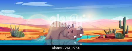 Funny cartoon hippo lying in water. Vector illustration of hippopotamus swimming in lake under blazing sun shining in blue sky, hot sandy desert background. Happy animal in natural habitat. Zoo banner Stock Vector