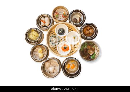 Die cut of Dumplings, Xiao long bao and big set dim sum on white isolated. Stock Photo