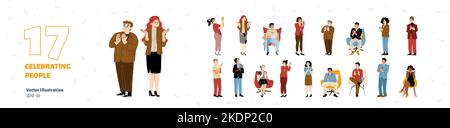 People celebrating, flat vector illustration set isolated on white background. Happy male and female characters applauding, clapping hands, sitting and standing at party or business presentation Stock Vector