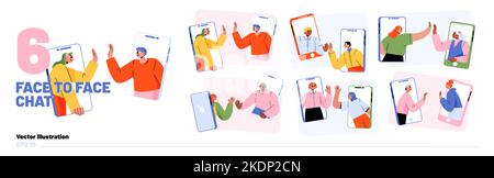 People using video chat app on smartphone. Flat vector illustration set of happy men and women on gadget screen giving high five, talking, smiling, using modern mobile application for communication Stock Vector