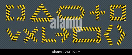 Barrier tape patches signs set. Tick mark, arrow, cross, square and triangle, rectangle, plus shapes. Isolated adhesive safety scotch with black and yellow stripes, Realistic 3d vector illustration Stock Vector