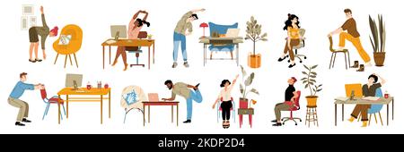 Office employees exercise at work, stretch near the desk isolated set. People practicing workout at workplace doing squats, leans and lunges enjoying break, Cartoon linear flat vector illustration Stock Vector