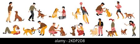 Happy people playing with dogs and smiling, flat vector illustration set isolated on white background. Male and female characters having fun, training, walking pets. Human and animal friendship Stock Vector