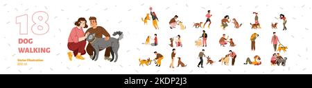 People training dogs, hug and play with puppies. Pet owners walk with dogs on leash, play with them with balls, sticks, train obedience, vector hand drawn illustration isolated on white background Stock Vector