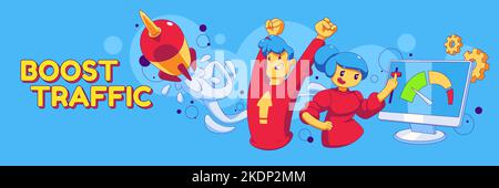 Boost traffic poster. Seo analysis, search optimization marketing for traffic growth with working people, speed metrics on computer screen and flying rocket, vector illustration in contemporary style Stock Vector