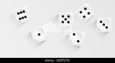 Gambling game dice. Realistic set white play dice cubes with black dot isolated on light gray. Objects to play in casino, dice from one to six dots. V Stock Vector