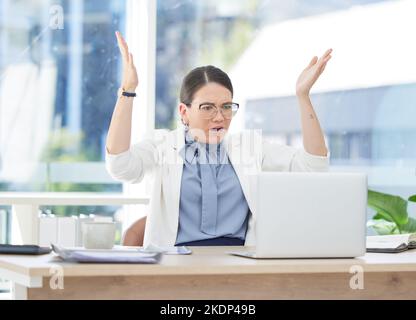 Glitch, error and business woman on laptop in office with internet delay or mistake. 404, computer crash and angry, stressed or frustrated female with Stock Photo