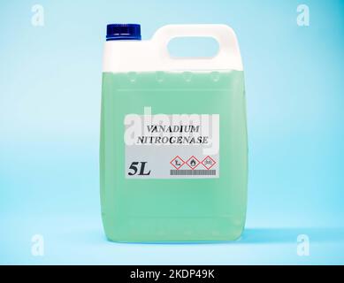 Biofuel in chemical lab in plastic canister Vanadium Nitrogenase Stock Photo