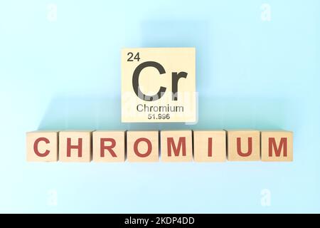 Chromium chemical element symbol with atomic mass and atomic number in wooden blocks flat lay composition. Chemistry and Science concept. Stock Photo