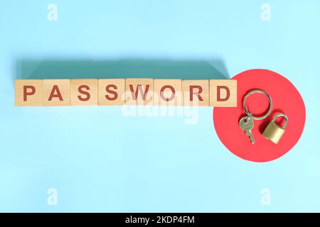 Password security, protection and management concept.  Wooden blocks typography in blue background. Stock Photo