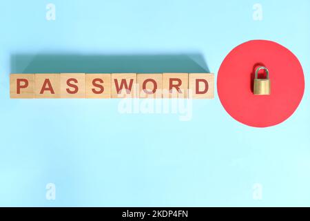 Password security, protection and management concept.  Wooden blocks typography in blue background. Stock Photo
