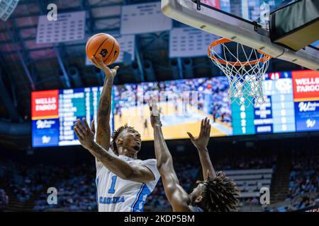 Chapel Hill, NC, USA. 7th Nov, 2022. North Carolina Tar Heels forward Leaky Black (1) shoots a layup during the first half the NCAA basketball matchup against the North Carolina-Wilmington Seahawks at Dean Smith Center in Chapel Hill, NC. (Scott Kinser/Cal Sport Media). Credit: csm/Alamy Live News Stock Photo