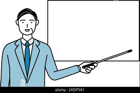 Simple line drawing illustration of a Senior businessmen, executives, managers and presidents pointing at a whiteboard with an indicator stick. Stock Vector