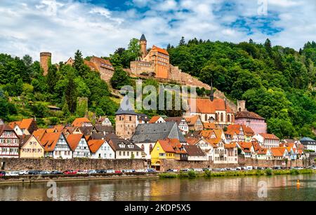 Hirschhorn town and castle on the Neckar river in Odenwald - Hesse, Germany Stock Photo