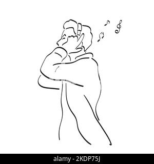 line art man listening to music with headphone illustration vector hand drawn isolated on white background Stock Vector