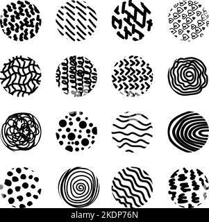 A large set of circular abstract backgrounds or patterns. Hand-drawn doodles. Spots, blots, hearts, curves, lines. Modern quirky vector illustrations. Stock Vector