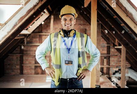 Construction, engineer and happy employee, smile and leadership on construction site or building renovation. Man architect, construction worker and Stock Photo