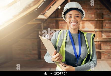 Engineering, checklist and electrician in house basement for inspection, maintenance or electrical services. Technician, smile and happy woman Stock Photo