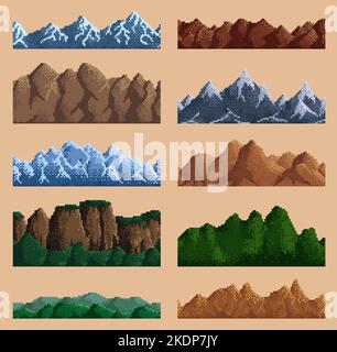 8bit pixel game mountains and hills background, vector retro 8 bit ...