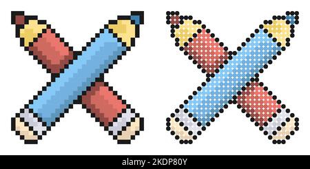Pixel icon. Crossed school pencils. School stationery. Simple retro game vector isolated on white background Stock Vector