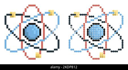 Pixel icon. Atom, electrons revolve around proton in orbits. School education in physics. Nuclear power. Simple retro game vector isolated on white ba Stock Vector