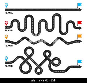 Plan B. Destination point. Expectation, reality path way, challenge possible scenario or difficult path to goal, success alternative strategy or journey to life complicated target, vector Stock Vector