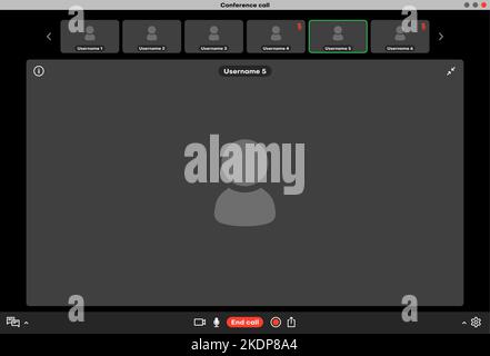 Group videocall, live webinar app interface. Remote meeting app window, interface frame or group videocall program vector layout. Company team video conference application display Stock Vector
