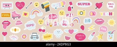 Fashion collection of 90s girly stickers. Vector illustration of hand drawn patches, pins in pink color. Nostalgia 1990 Stock Vector