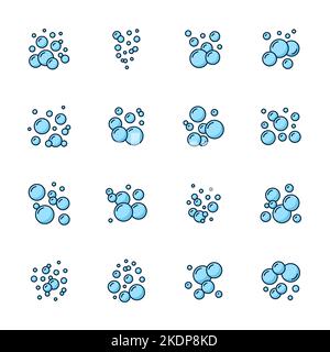 Soap or foam bubble color icons. Bathroom soap suds outline symbols or icon, sea foam fizz line vector signs or pictograms. Soda carbonated drink, effervescent beverage blue bubbles, aquarium oxygen Stock Vector