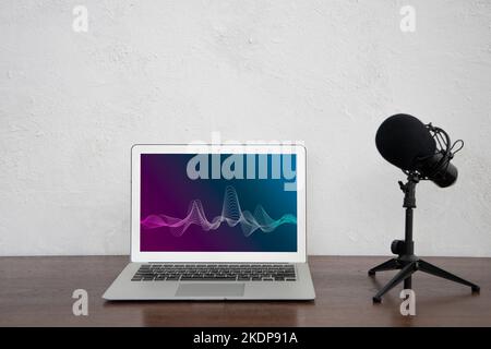 Laptop computer with condenser microphone for small home sound voice studio radio podcast concept Stock Photo