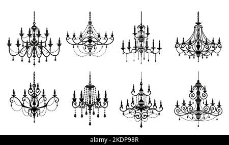 Chandelier silhouettes, home vintage illumination and light equipment. Retro ceiling lamp vector silhouette, antique luster or elegant luxury chandeliers with candles, bulbs and crystal decor Stock Vector