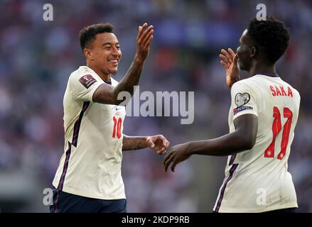 File photo dated 05-09-2021 of England's Jesse Lingard celebrating after scoring their side's third goal against Andorra. Southgate’s side returned to Wembley to coast to another victory, this time over Andorra – second only to San Marino in the minnow stakes of the group. Jesse Lingard grabbed two goals as Kane added another to his tally and Bukayo Saka also got on the scoresheet. Issue date: Tuesday November 8, 2022. Stock Photo