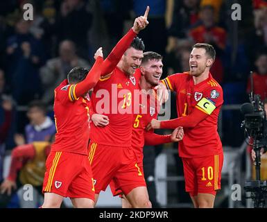 File photo dated 16-11-2021 of Wales' Kieffer Moore celebrating scoring against Belgium. Tenacious Wales secured a home World Cup play-off semi-final by holding the number one team on the FIFA rankings list. De Bruyne’s superb 12th-minute strike was cancelled out by Moore before half-time. Issue date: Tuesday November 8, 2022. Stock Photo