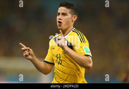 File photo dated 28-06-2014 of Colombia's James Rodriguez celebrates scoring their first goal of the game. After controlling the ball on his chest, Colombia's playmaker swivelled before unleashing a dipping left-footed volley from 25 yards which crashed into the net via the underside of the crossbar. Issue date: Tuesday November 8, 2022. Stock Photo