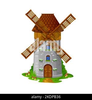 Windmill house building or dwarf dwelling. Cartoon vector fairytale elf house, fantasy fairy or gnome stone wind mill with wooden blades, door, tiled roof, flower pots and windows. Cute ui game home Stock Vector