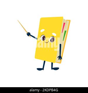 Cartoon textbook character with pointer. Isolated vector teacher or tutor book explain lesson, important information or presentation. Cute yellow notebook or diary, happy kids educational personage Stock Vector