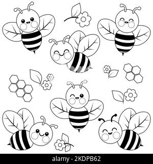 Set of cute bees. Black and white coloring page Stock Photo - Alamy