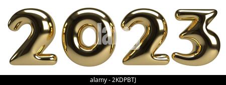 Gold numbers 2023 in puffy comic style. Realistic 3d sign. New Year event symbol. 3d render illustration isolated on white background Stock Photo