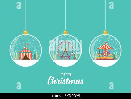 Set of Carnival fair glass ball hanging on green background. Christmas gift collection. Vector illustration Stock Vector