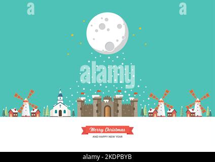Church Castle Windmill Tiny town in winter season. Merry Christmas and Happy new year.Vector illustration Stock Vector