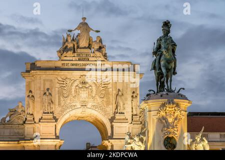 King Jose statue at Commerce Square in LIsbon at night, Portugal. Stock Photo
