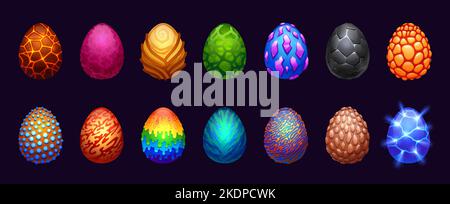 Cartoon fantasy eggs. Magic dragon reptile eggshell for game asset, fairy mythological monster glossy crystal GUI design template. Vector isolated set Stock Vector