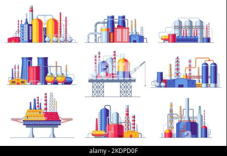 Oil industry constructions set. Petrochemical industrial buildings oil refinery factory icons, coal mining processing manufacturing objects. Vector Stock Vector