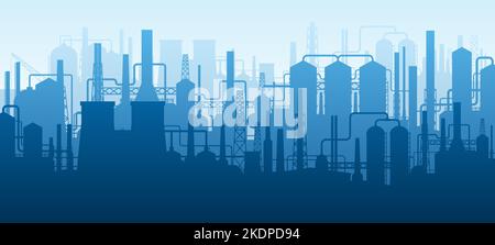 Panoramic industrial silhouette. Oil industry factory buildings, refinery complex with pipes and tanks landscape background. Vector illustration Stock Vector