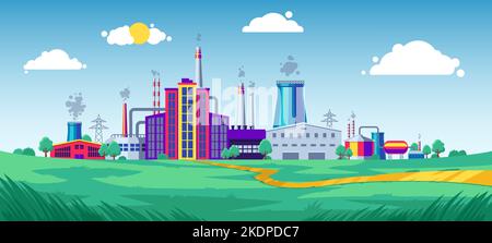 Factory building background. Power stations renewable energy manufacturing, chemical waste construction industrial banner design. Vector illustration Stock Vector