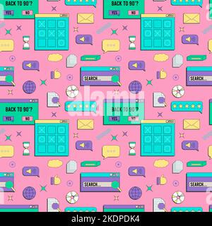 Vaporwave UI and UX elements seamless pattern. PC retro game frame. Nostalgic style 70s, 80s, 90s Stock Vector