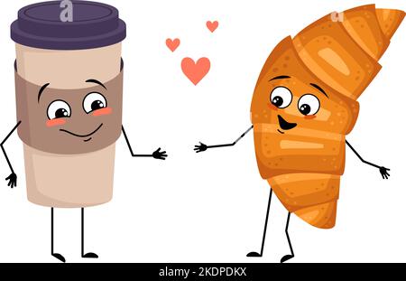 Cute cup of coffee and croissant characters with love emotions, smile face, arms and legs. Funny or happy heroes with hearts, paper glass for drink fall in love in bun. Vector flat illustration Stock Vector